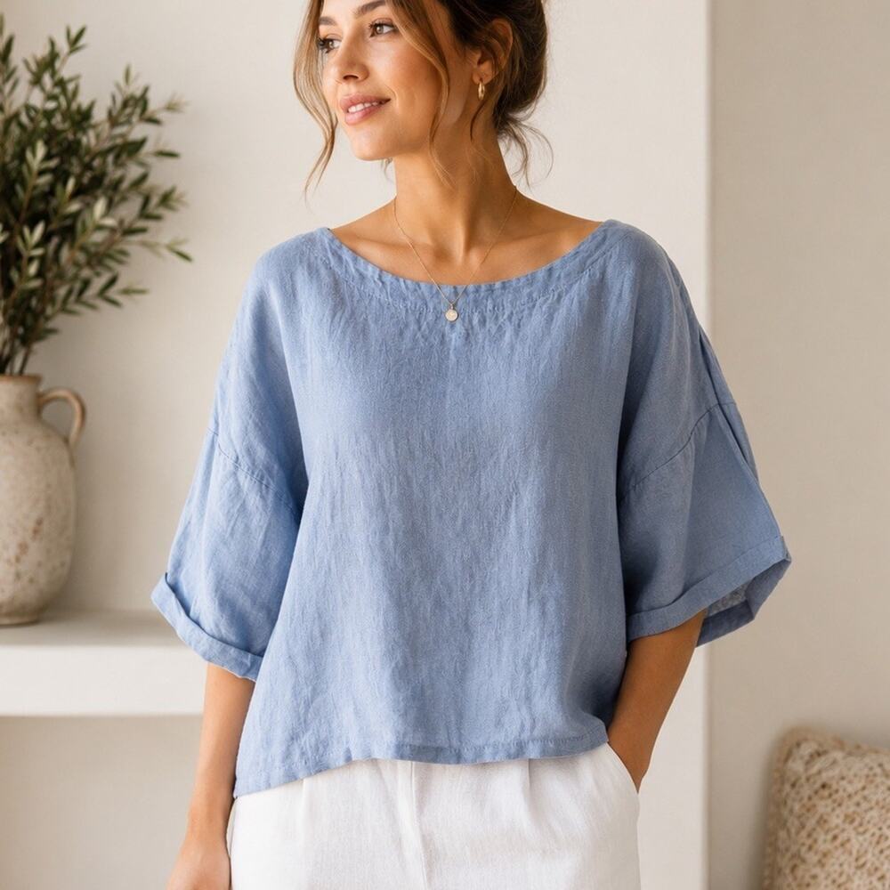 Made in Italy Linen Boxy Crop Top OS S M L Blue Boat Neck Short Sleeve NWOT